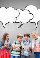 Students with speech bubbles against grey background