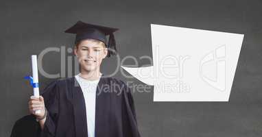 Graduate student boy with speech bubble holding his diploma against grey background