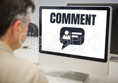 Comment text and chat profile graphic on computer screen with man