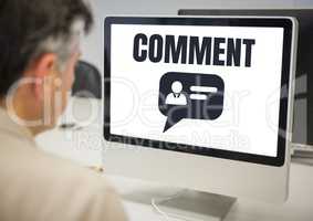 Comment text and chat profile graphic on computer screen with man