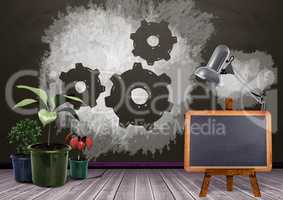 Blackboard and plants with setting cog gears on blackboard