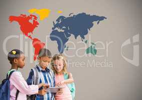 Kids on tablet in front of colorful world map