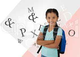 Many letters around Schoolgirl in front of abstract background