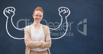 Student woman with fists graphic standing against blue blackboard