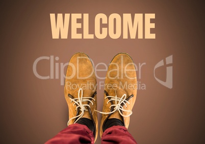 Welcome text and Brown shoes on feet with brown background
