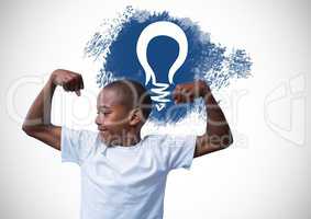 Strong boy flexing muscles in front of light bulb graphic