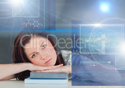 Female Student studying with book and science education interface graphics overlay