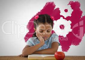 Girl tired at desk with apple and setting cogs gears
