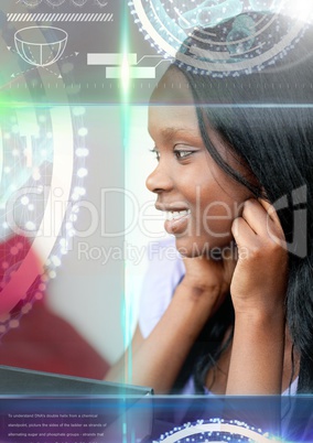 Female Student studying with book and science education interface graphics overlay