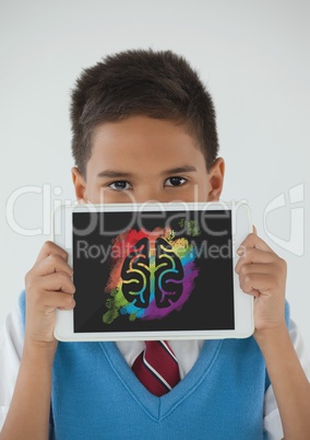Boy holding a tablet with brain icon on screen