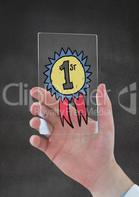 Hand holding a glass with a trophy icon