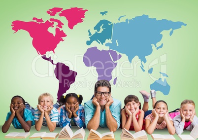 Multicultural Kids reading in front of colorful world map with teacher