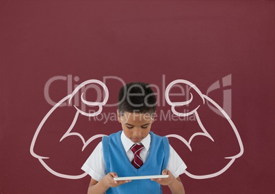 Student boy with fists graphic using a tablet against red blackboard