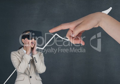 Hand pointing at surprised business woman in a VR headset against blue background with arrow