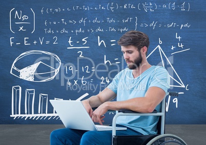 Disabled man in wheelchair in front of blackboard with math equations