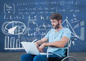 Disabled man in wheelchair in front of blackboard with math equations