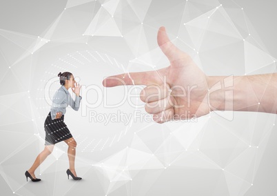 Hand pointing at angry business woman against white background