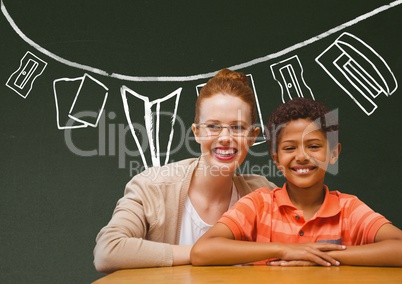 Student boy and teacher at table smiling against green blackboard with school and education graphic