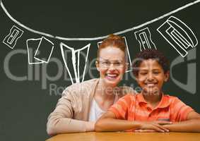Student boy and teacher at table smiling against green blackboard with school and education graphic