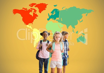 Kids in front of colorful world map