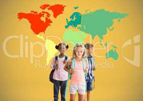 Kids in front of colorful world map
