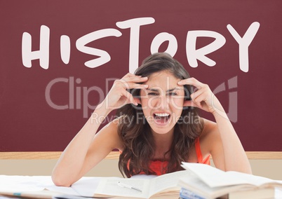Angry student girl at table against red blackboard with history text