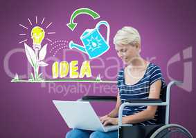 Disabled womanj in wheelchair with colorful idea graphics