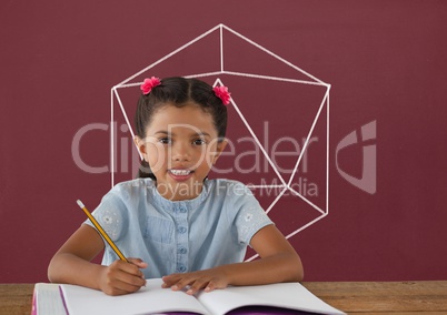 Student girl at table writing against red blackboard with school and education graphic