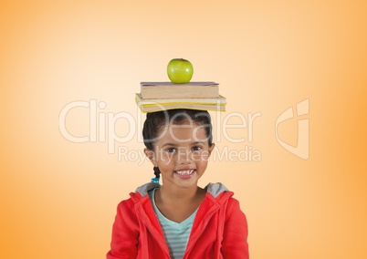 Girl with books and apple on head in front of orange background