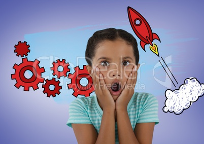 Surprised girl in front of rocket and cog graphics