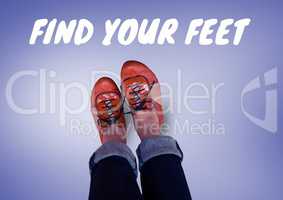 Find your feet text and Red shoes on feet with purple background