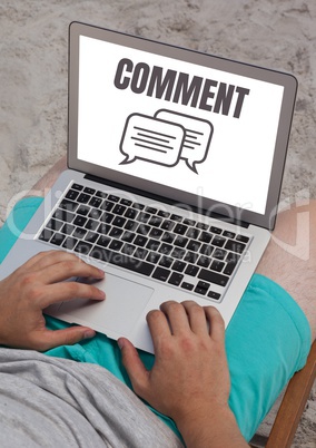 Comment text and chat graphic on laptop screen with hands