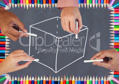 Hands drawing cube on blackboard with coloring pencils