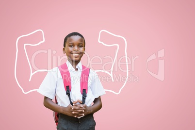 Happy student boy with fists graphic standing against pink background