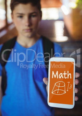 Boy holding a phone with school icons on screen