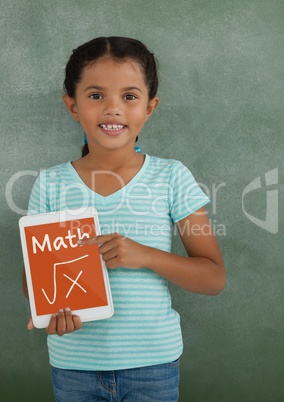 Girl holding a tablet with school icons on screen