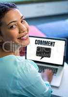 Comment text and chat graphic on laptop screen with woman