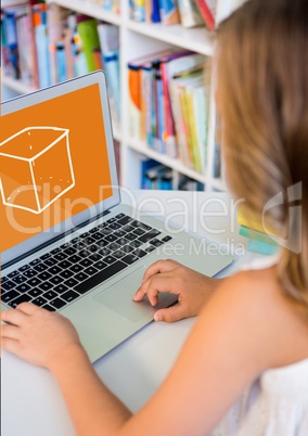 Girl using a computer with school icon on screen