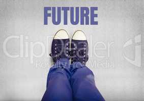 Future text  and blue shoes on feet with grey background