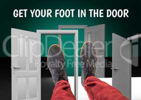 Get your foot in the door text and Grey shoes on feet with green background
