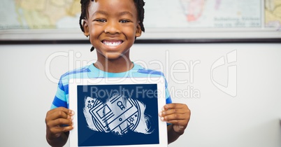 Boy holding a tablet with school icons on screen