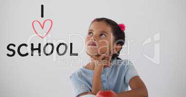 Student girl at table thinking against white background with I love school text
