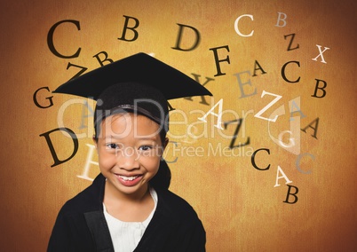 Many letters around Girl in graduation wear with rustic background