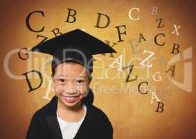 Many letters around Girl in graduation wear with rustic background