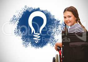 Disabled boy in wheelchair with idea text and light bulb graphics
