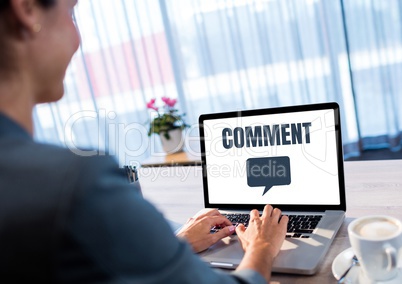 Comment text and chat graphic on tablet screen with womans hands
