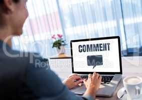 Comment text and chat graphic on tablet screen with womans hands