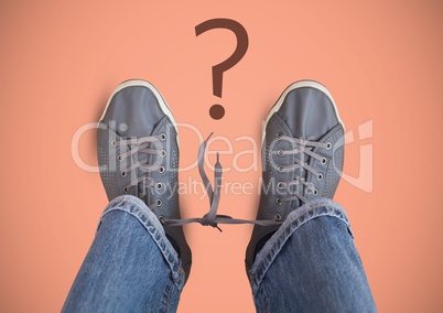 Question mark and Grey shoes on feet with pink background