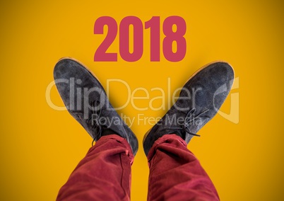 2018 text and Grey shoes on feet with yellow background