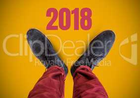2018 text and Grey shoes on feet with yellow background